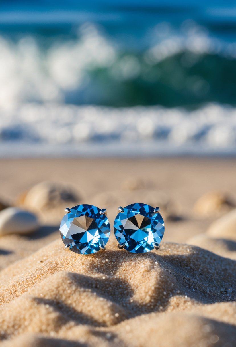 A pair of crystal earrings placed on a sandy beach with waves crashing in the background