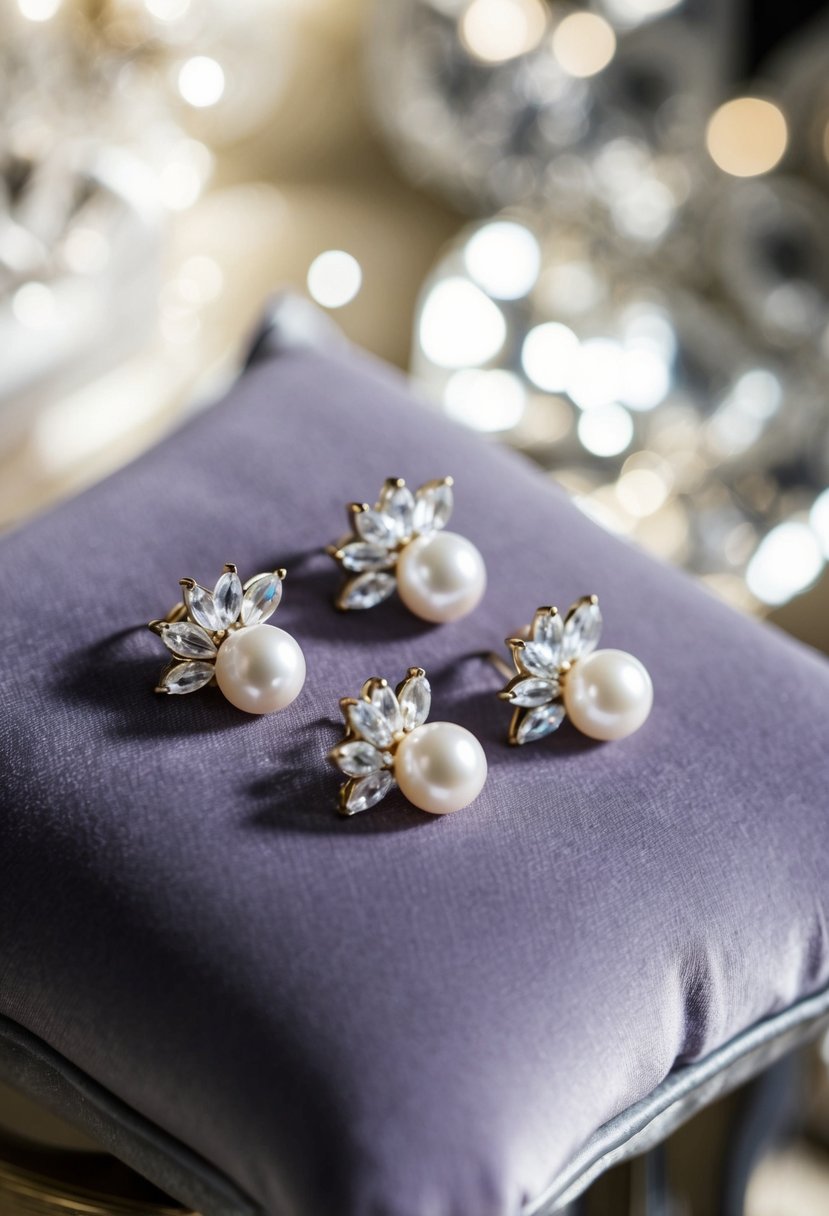 A close-up of crystal and pearl studs arranged on a velvet cushion, catching the light in a luxurious setting