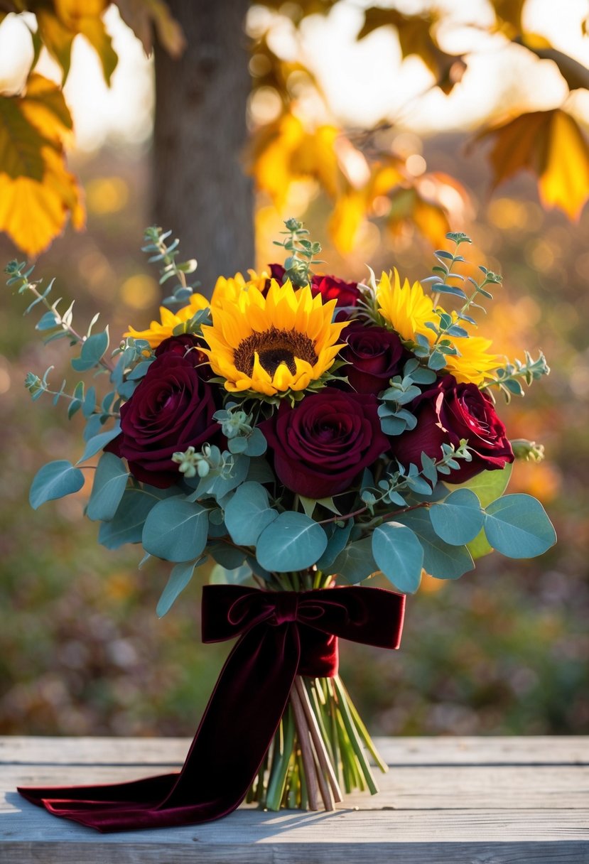 A rustic bouquet of deep red roses, sunflowers, and eucalyptus tied with a velvet ribbon, set against a backdrop of autumn leaves and golden light