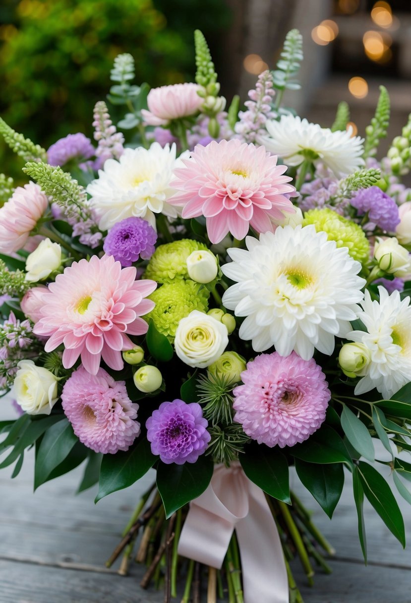 A lush bouquet of lisianthus and chrysanthemums in soft pink, white, and lavender, accented with greenery and tied with a satin ribbon