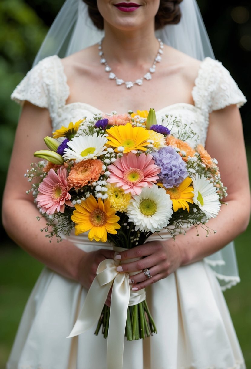 A vintage bride holds a bouquet of colorful daisies, carnations, and baby's breath, tied with a satin ribbon