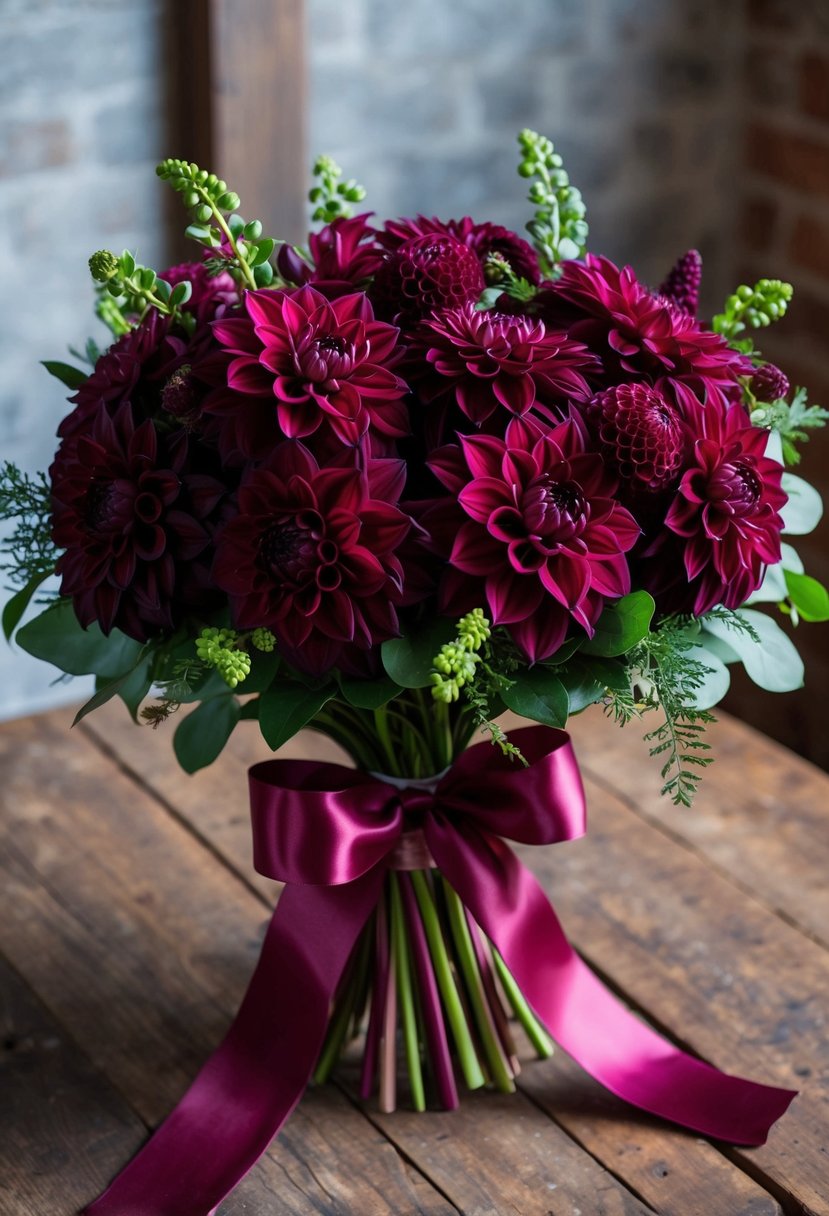 A stunning bouquet of deep burgundy dahlias, accented with lush greenery and tied with a satin ribbon, sits on a rustic wooden table