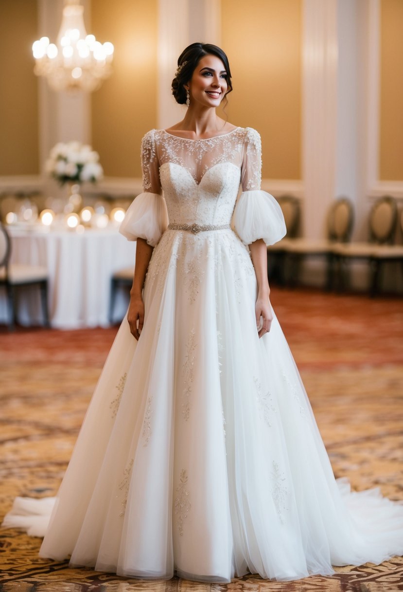 A bride stands in a ballroom, wearing a flowing wedding dress with puffy sleeves. The dress is adorned with delicate lace and intricate beadwork, creating a romantic and elegant look