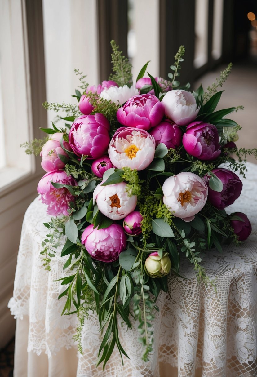 A cascading bouquet of vibrant peonies, accented with delicate greenery, sits atop a vintage lace tablecloth