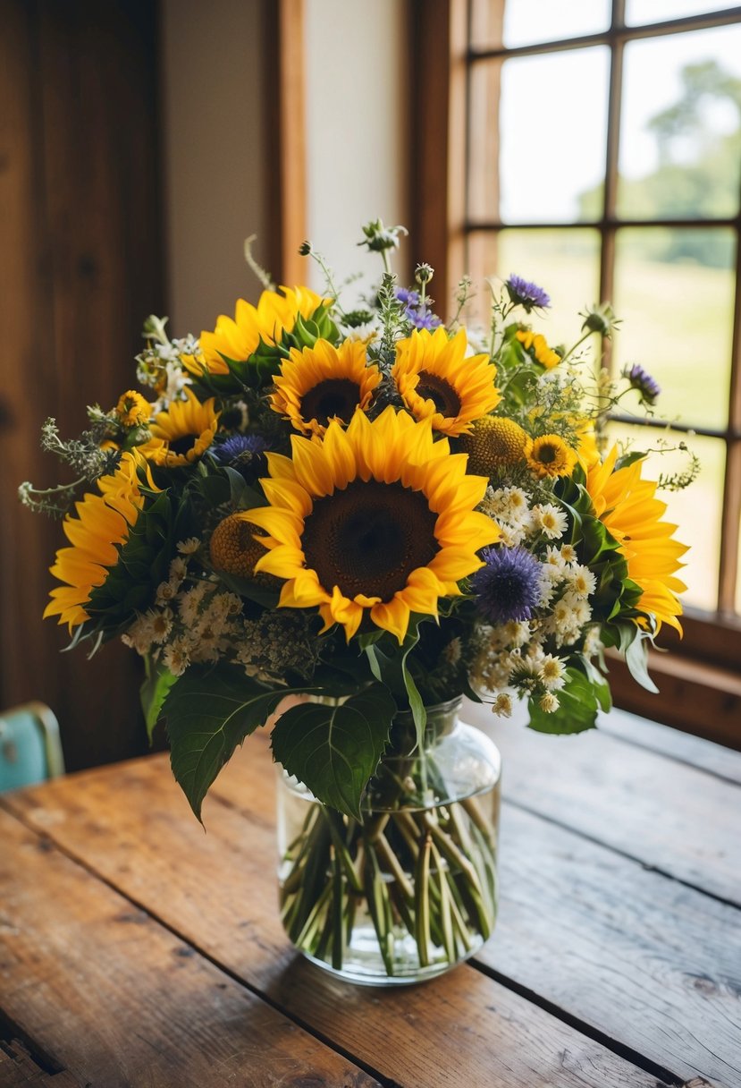 A rustic wildflower and sunflower bouquet sits on a wooden table, with a warm sunlight streaming through a nearby window