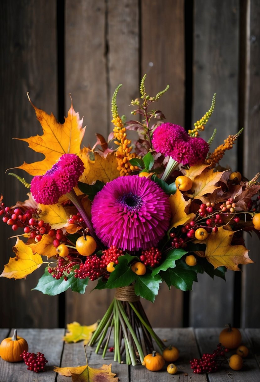 A vibrant bouquet of amaranth and celosia surrounded by autumn leaves and berries, set against a rustic wooden backdrop