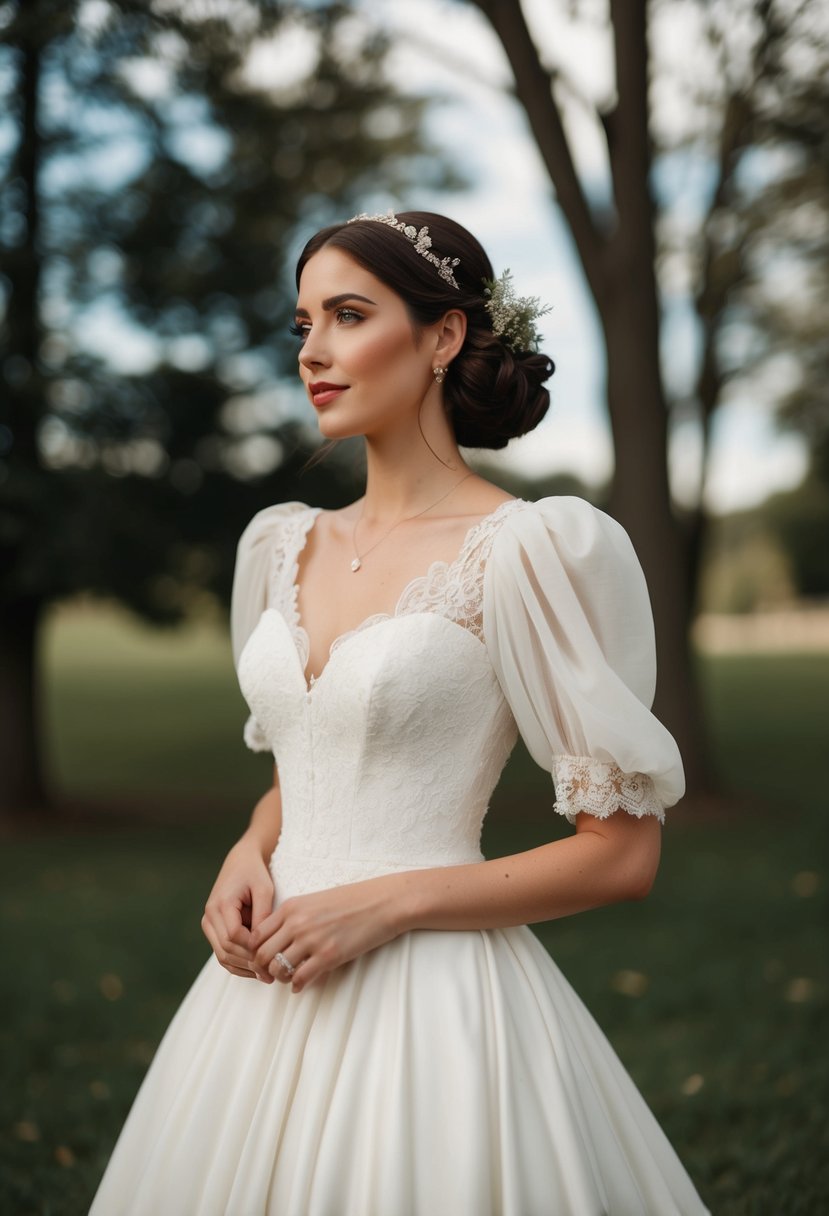 A vintage-inspired wedding dress with puffy sleeves, delicate lace detailing, and a flowing A-line silhouette