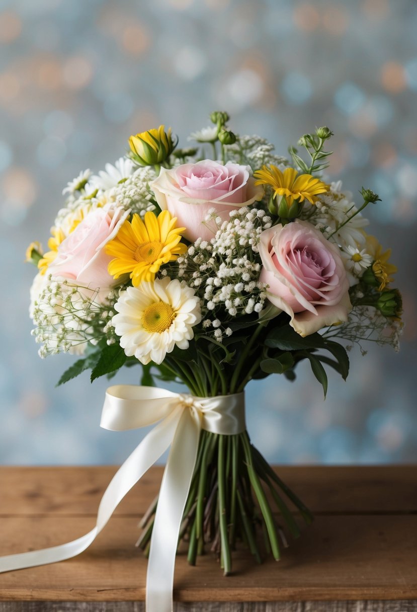 A vintage-inspired bouquet of garden roses, daisies, and baby's breath tied with a satin ribbon, evoking 1970s wedding charm