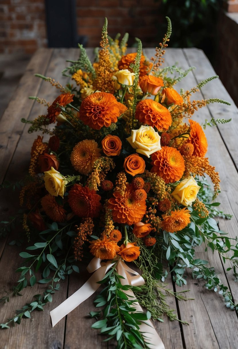 A lush bouquet of burnt orange and golden yellow flowers cascades over a rustic wooden table, accented with trailing greenery and tied with a silk ribbon