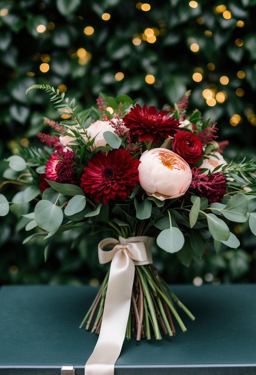 A vintage-inspired bouquet with deep red and pink flowers, accented with lush greenery and tied with a satin ribbon