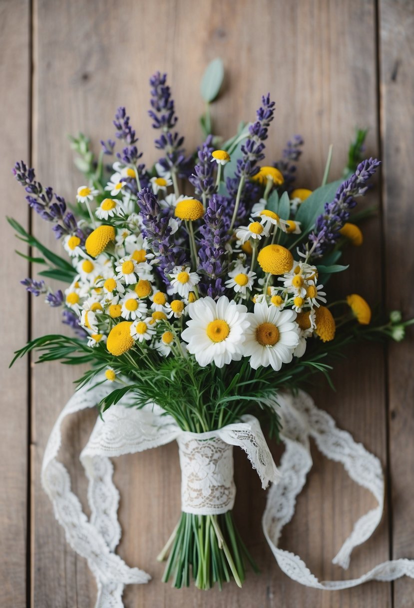 A rustic wedding bouquet featuring lavender and chamomile, tied with boho-inspired ribbon and lace