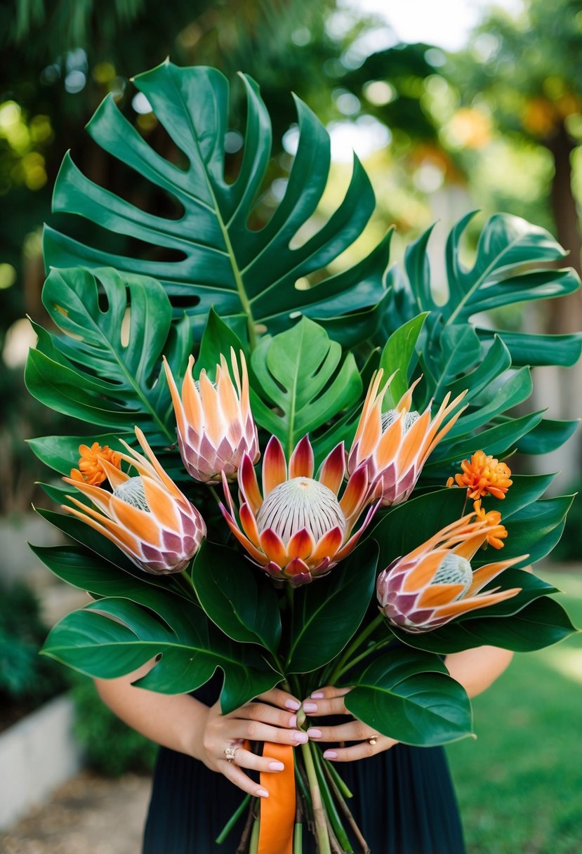 A vibrant bouquet of tropical Monstera leaves and bold Protea flowers, arranged in a 70s-inspired style