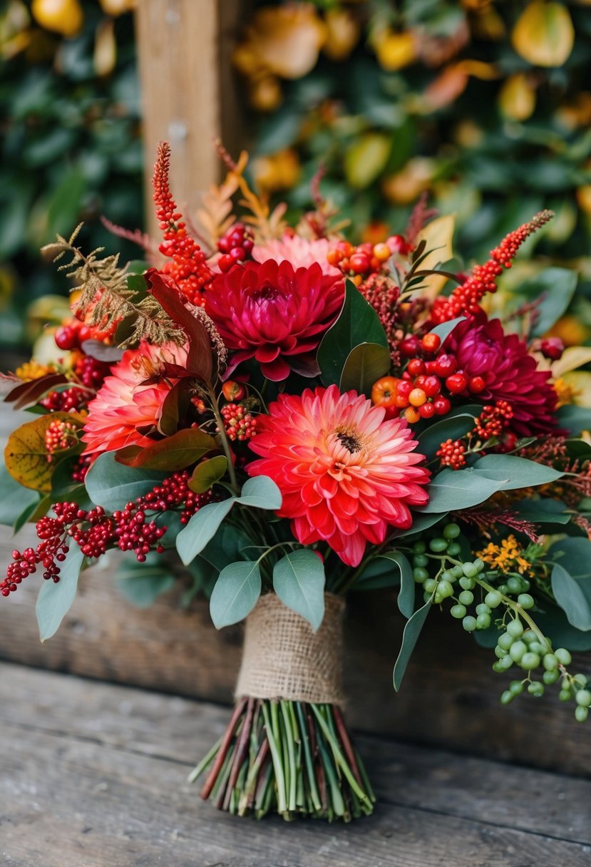 A vibrant bouquet of red and pink autumn flowers arranged in a rustic, hand-tied style, with foliage and berries for a fall wedding