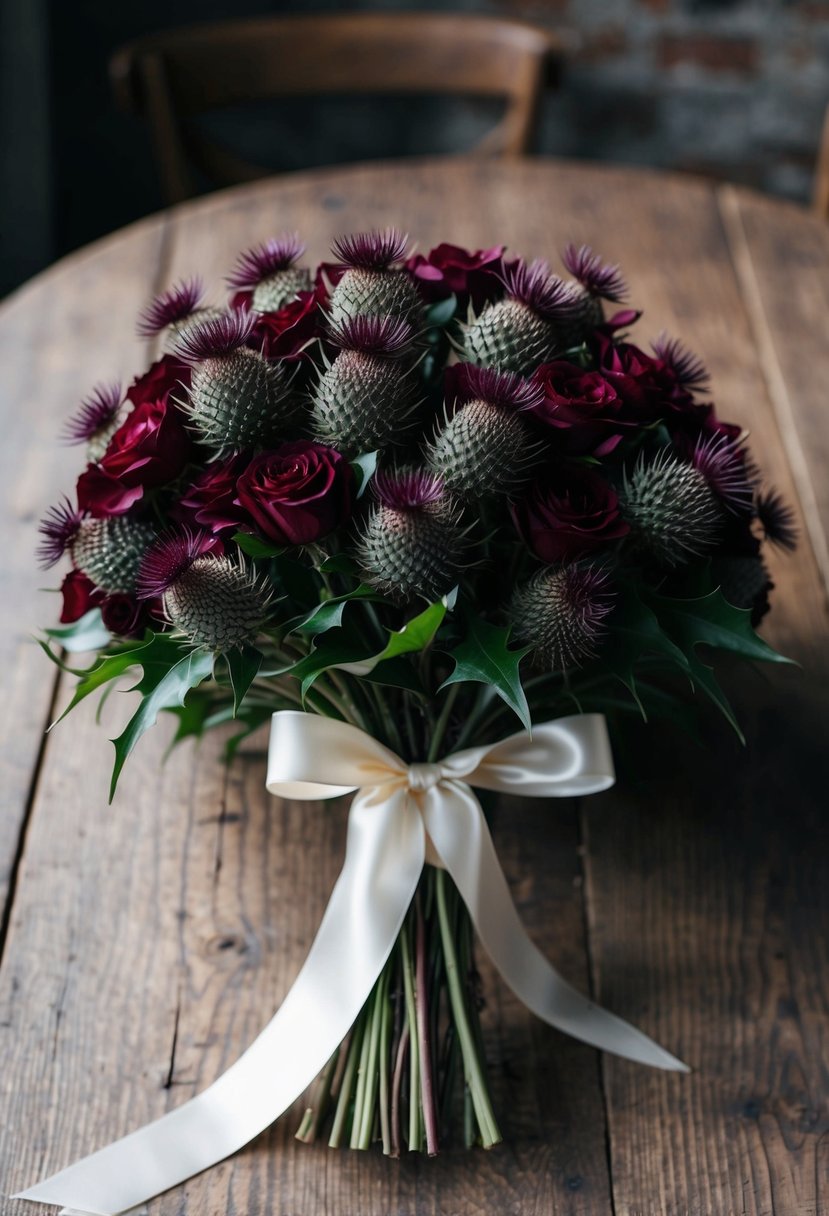 A lush bouquet of deep burgundy and thistle flowers, tied with a satin ribbon, sits on a rustic wooden table