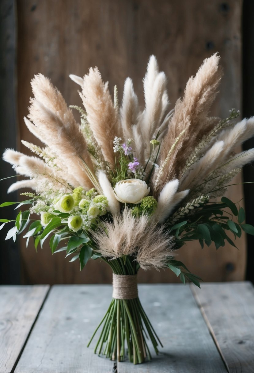 A lush bouquet of pampas grass and bunny tail texture, accented with delicate blooms, set against a rustic backdrop