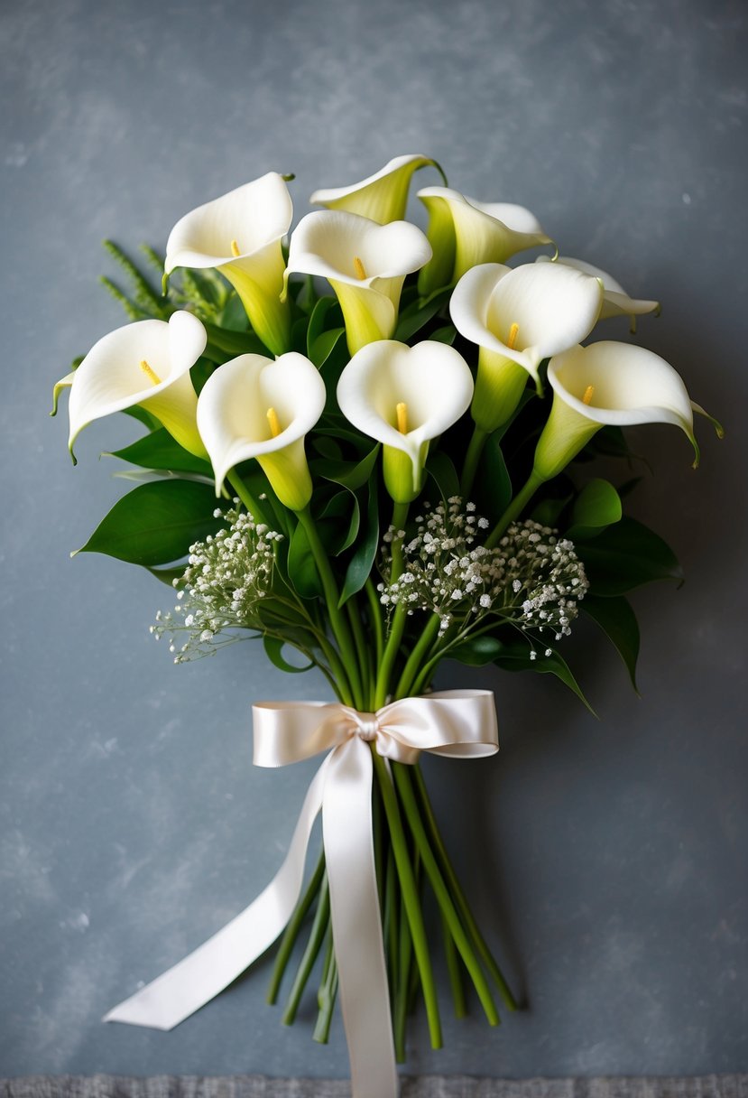 A vintage-inspired bouquet of white calla lilies tied with a satin ribbon, surrounded by delicate greenery and baby's breath