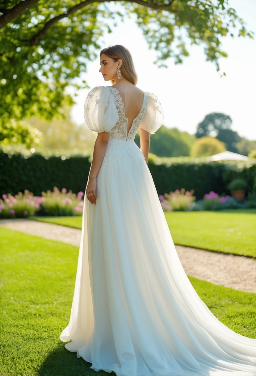 A modern A-line gown with puffy sleeves, adorned with delicate lace and intricate beading, flowing gracefully in a sunlit garden