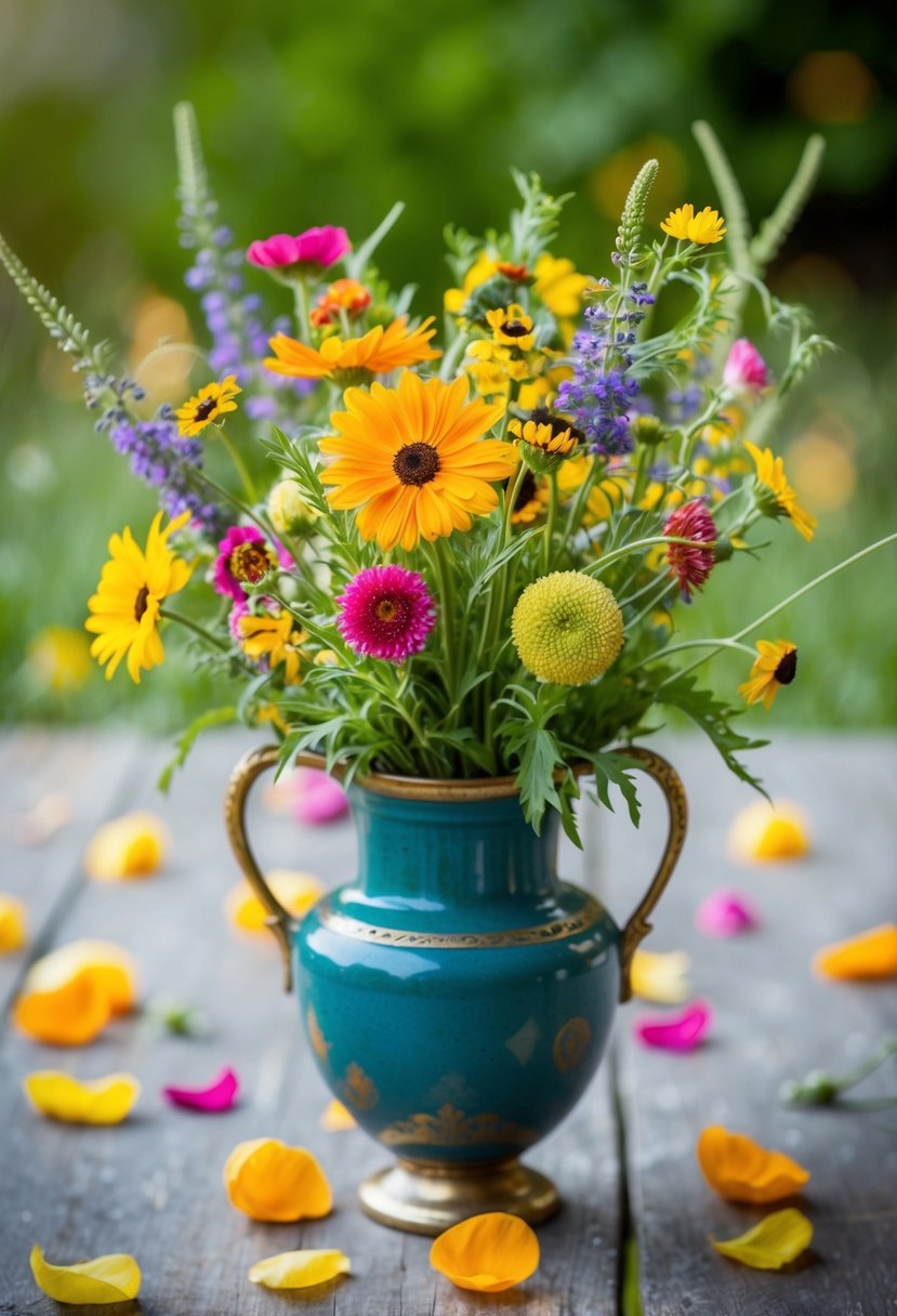 A colorful mix of wildflowers in a vintage vase, surrounded by scattered petals and greenery