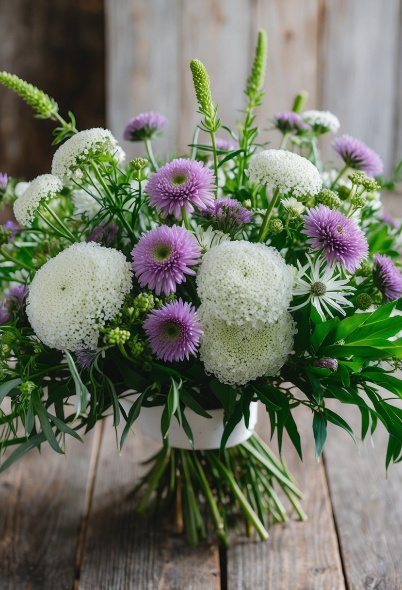 A lush bouquet of Queen Anne's Lace and Asters in shades of white and purple, accented with greenery, sits on a rustic wooden table