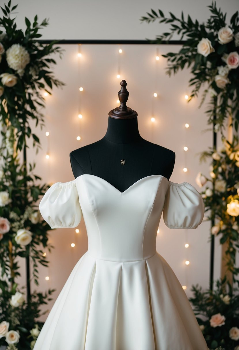 A mannequin wearing an off-the-shoulder puffy sleeve wedding dress, surrounded by floral arrangements and soft lighting