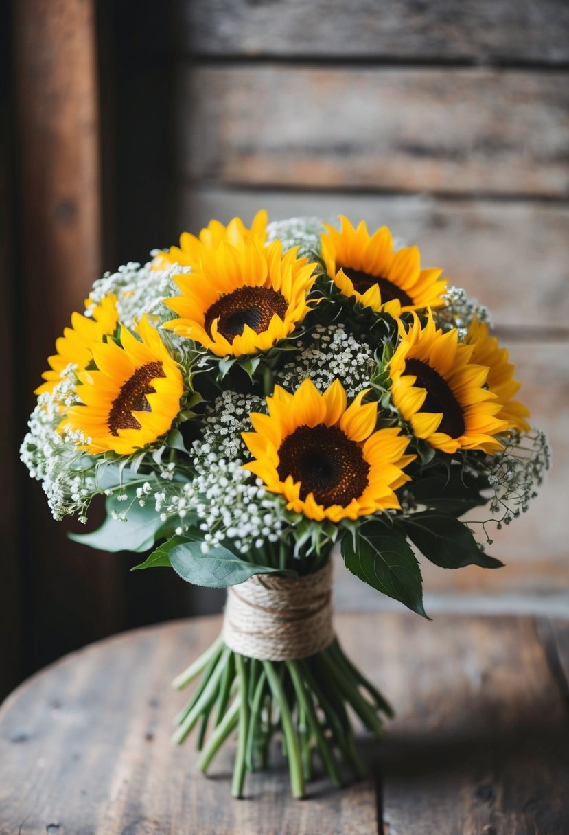 A vintage-inspired bouquet of sunflowers and baby's breath in a rustic setting