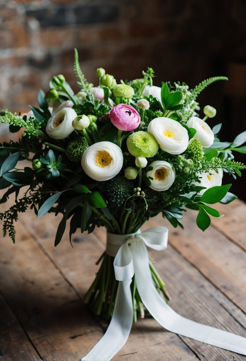 A lush bouquet of ranunculus and seasonal greenery, tied with a flowing ribbon, sits on a rustic wooden table