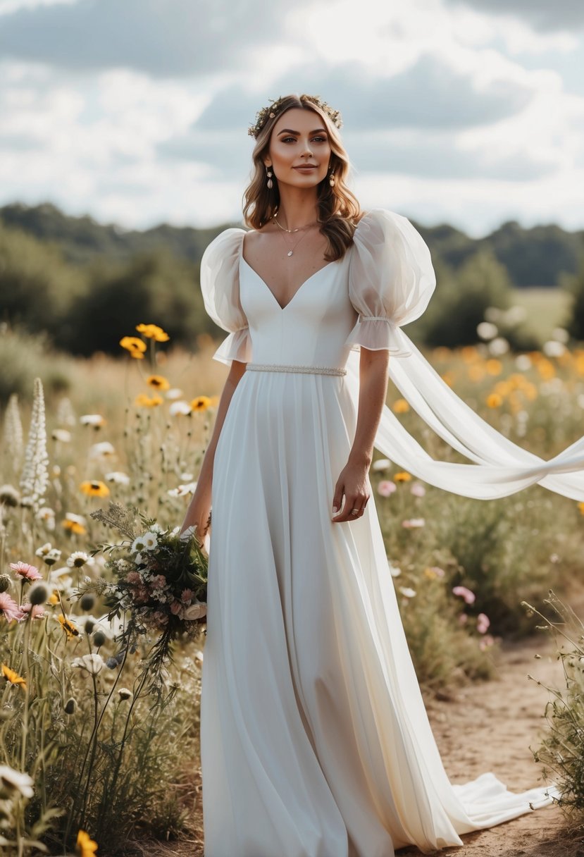 A bride in a boho-chic puffy sleeve wedding dress, standing in a rustic outdoor setting with wildflowers and flowing fabric