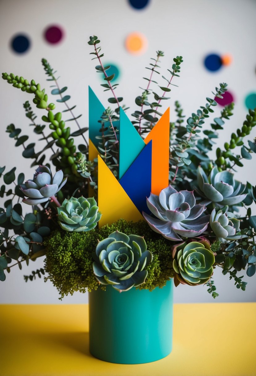 A vibrant bouquet of modern succulents and eucalyptus arranged in a 70s-inspired style, with bold colors and geometric shapes