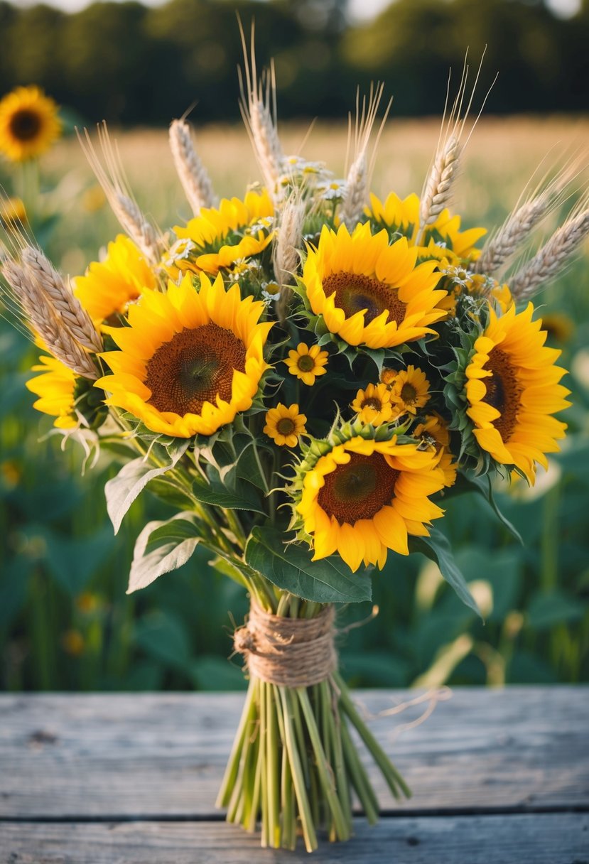 A rustic bouquet of sunflowers, wheat, and wildflowers tied with twine