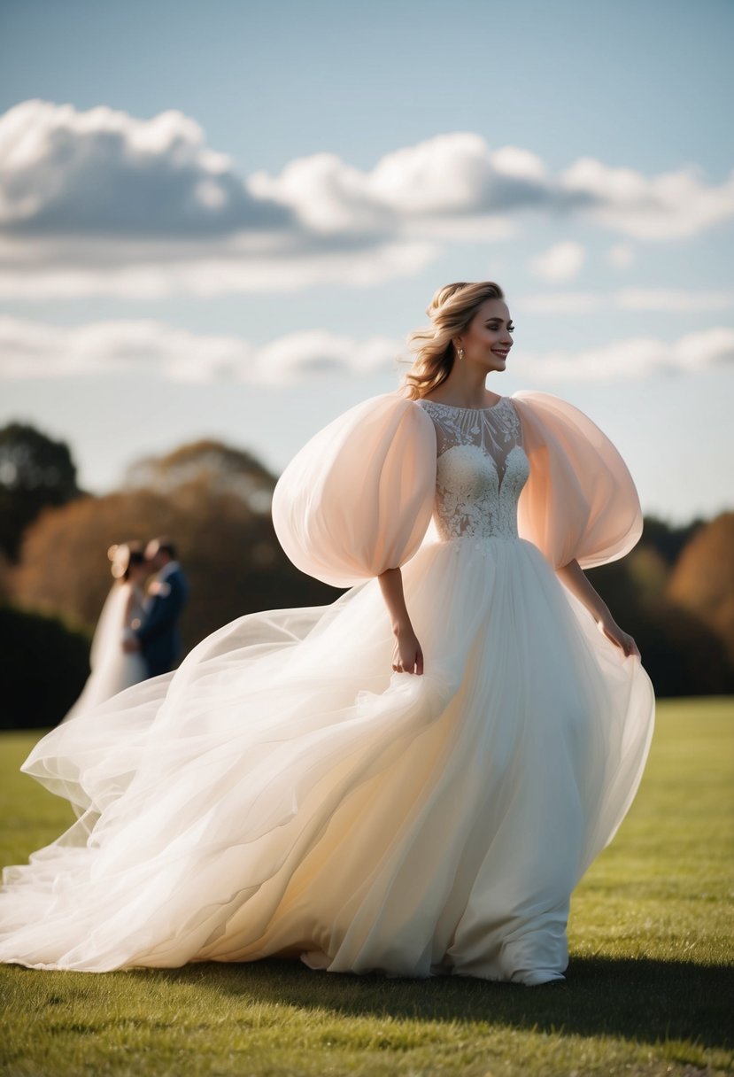 A flowing wedding dress with whimsical, balloon-like sleeves billowing in the breeze