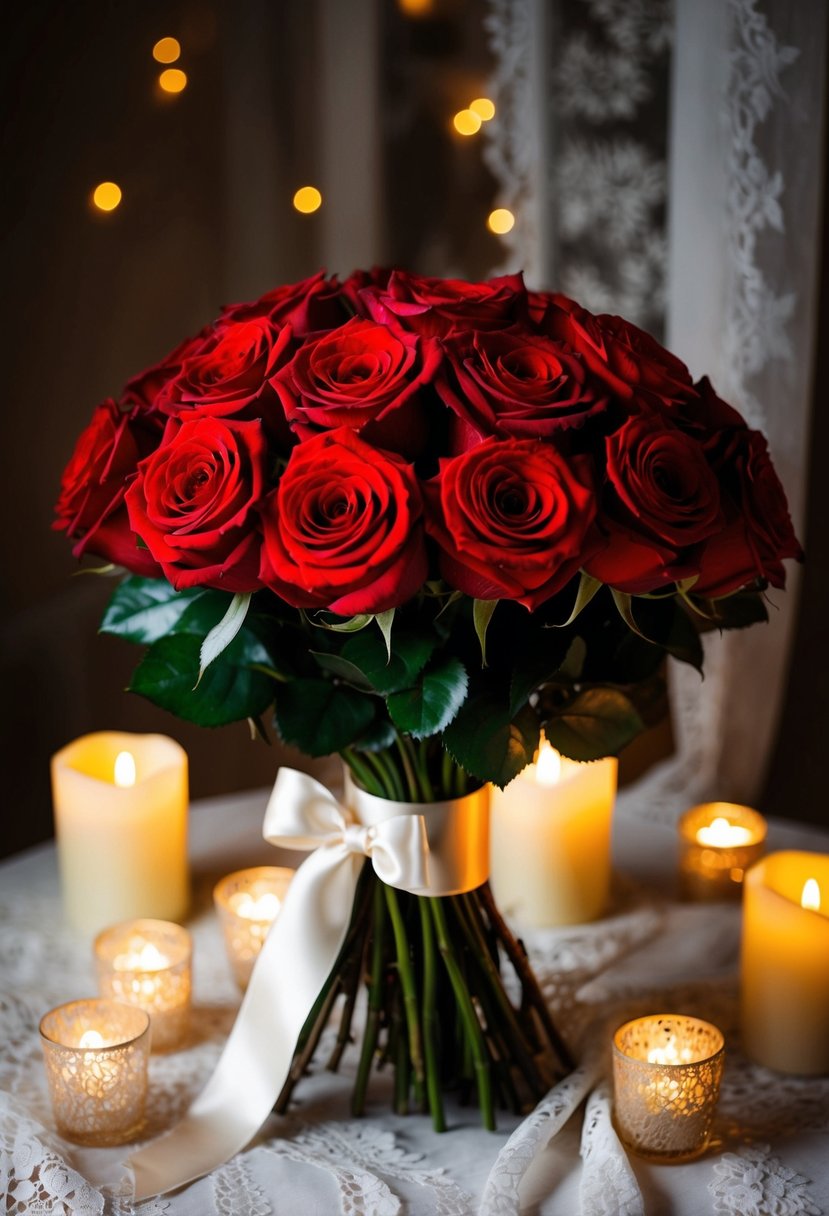 A lush bouquet of red roses tied with a satin ribbon, surrounded by soft candlelight and vintage lace