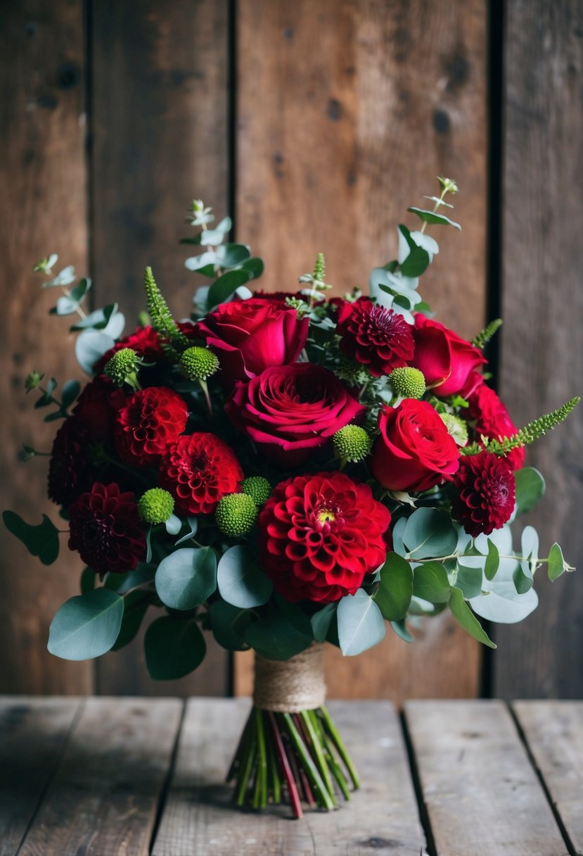 A bold red and greenery harmony bouquet with roses, dahlias, and eucalyptus, set against a rustic wooden backdrop