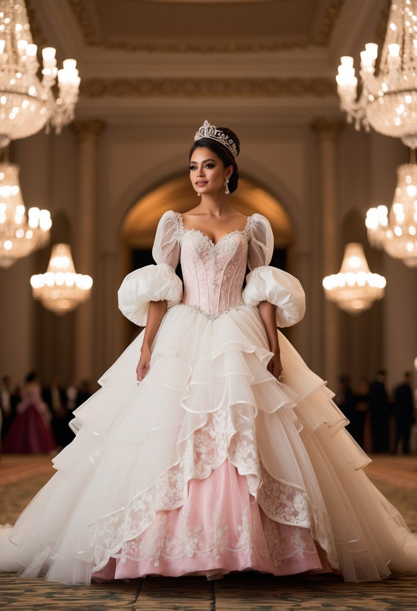 A grand ballroom with a regal princess-style gown adorned with puffy sleeves, cascading layers of tulle, and intricate lace details