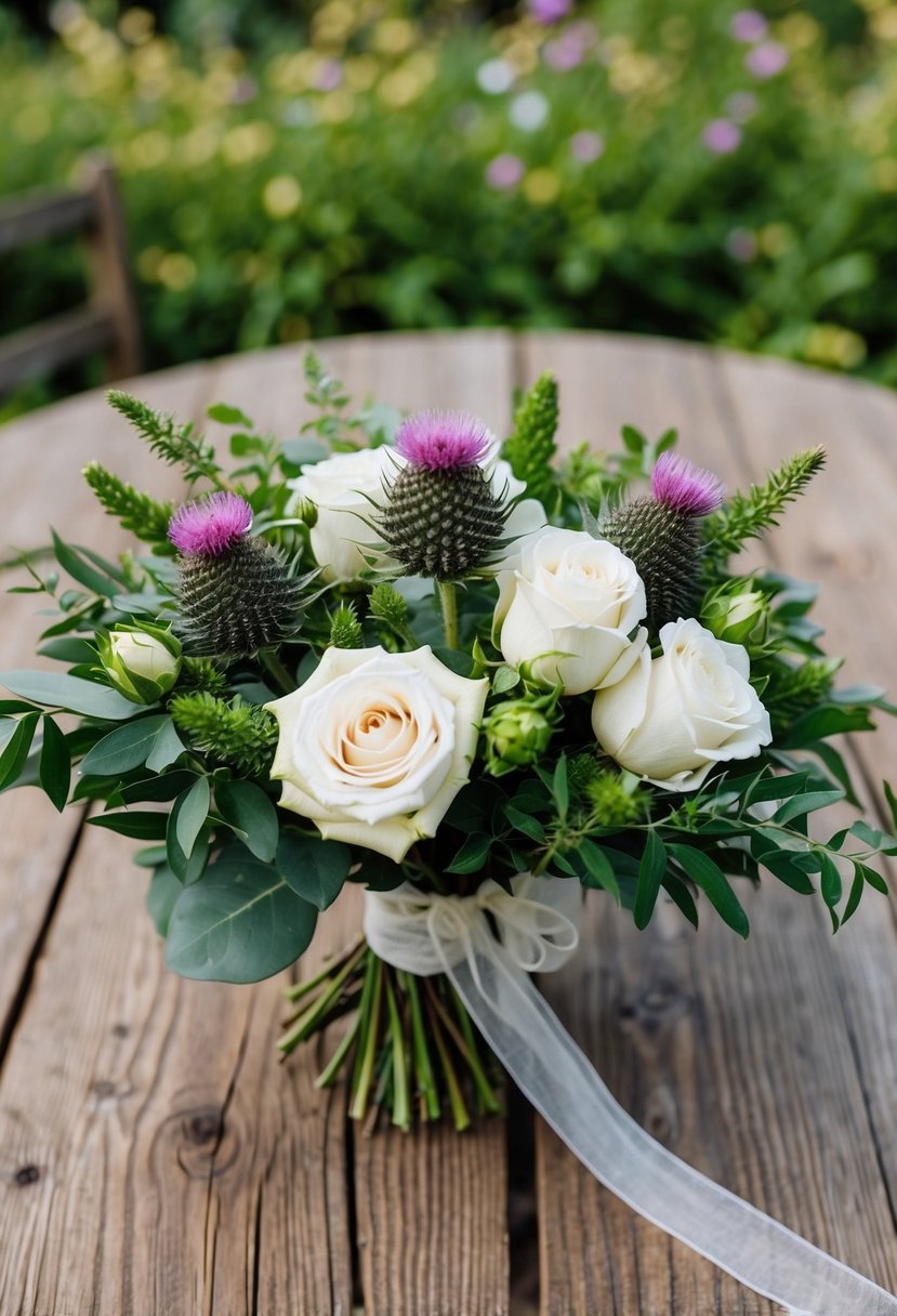 A rustic wooden table with a lush bouquet of spray roses and thistle, accented with greenery and tied with a delicate ribbon