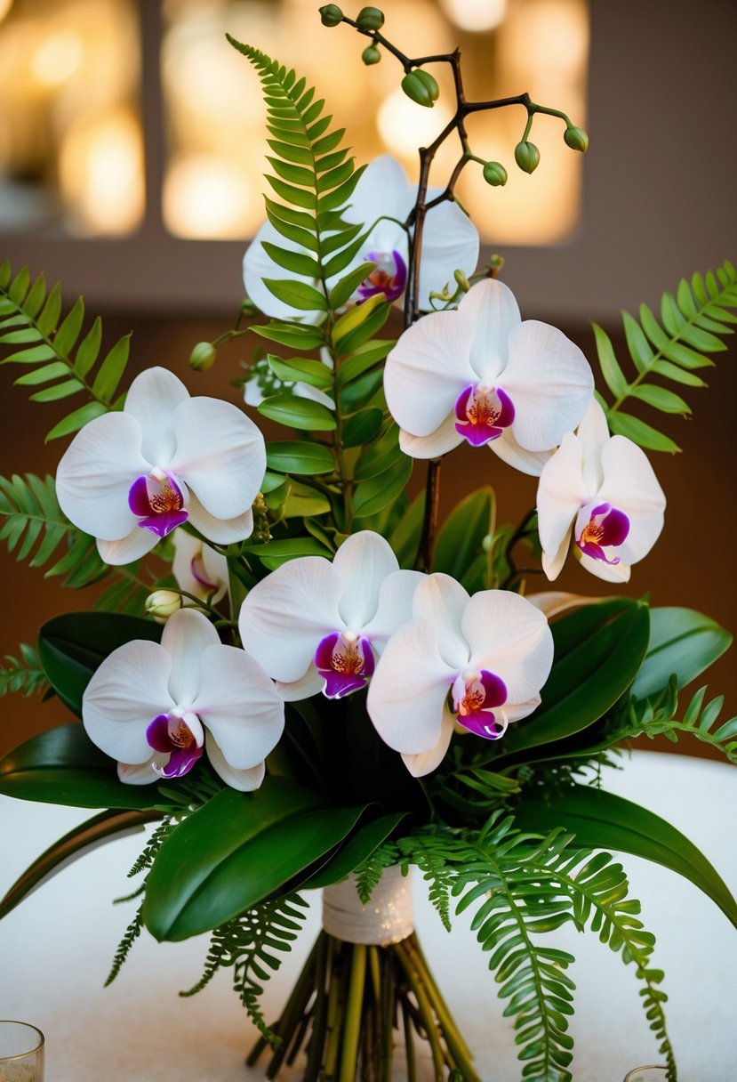 An arrangement of elegant orchids and ferns in a vintage 70s wedding bouquet