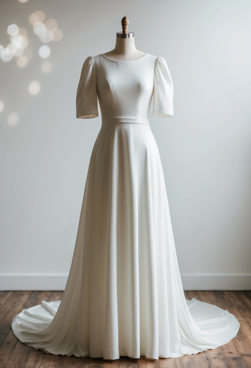 A simple, elegant wedding dress with subtle puffy sleeves, flowing fabric, and a clean silhouette