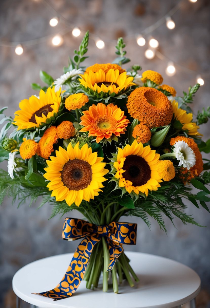 Vibrant sunflowers, daisies, and marigolds arranged in a retro-inspired bouquet, accented with lush greenery and tied with a bold, patterned ribbon