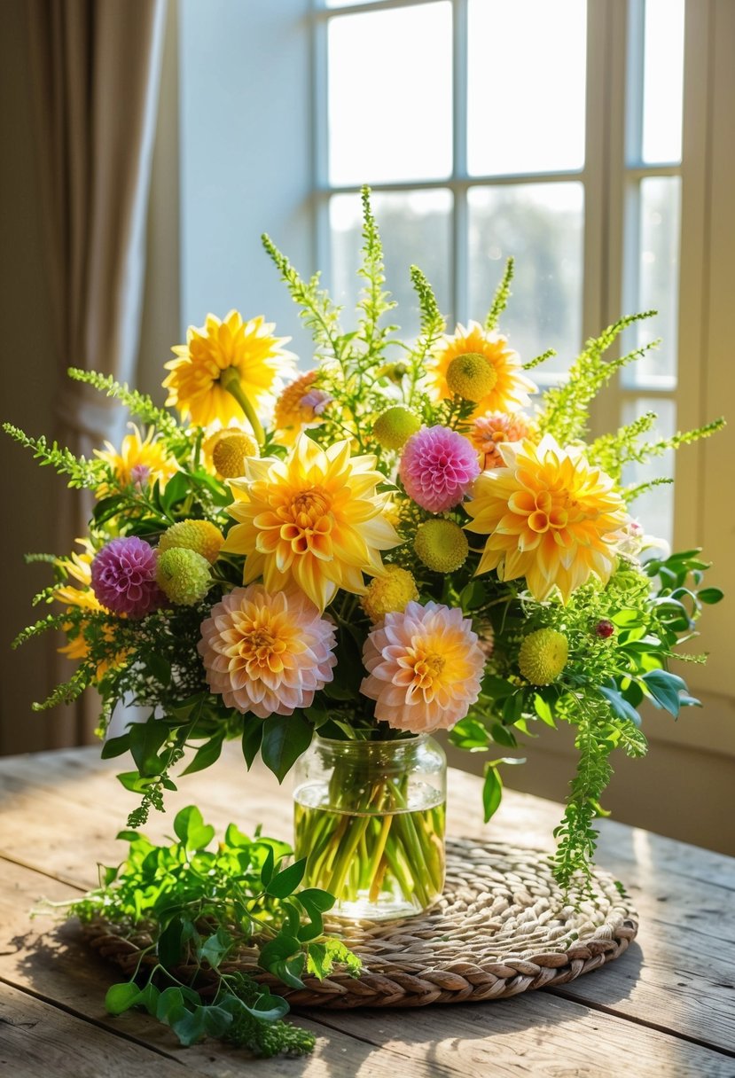 A vibrant bouquet of strawflowers and dahlias, accented with greenery, rests on a rustic wooden table. Sunlight filters through a nearby window, casting a warm glow on the flowers