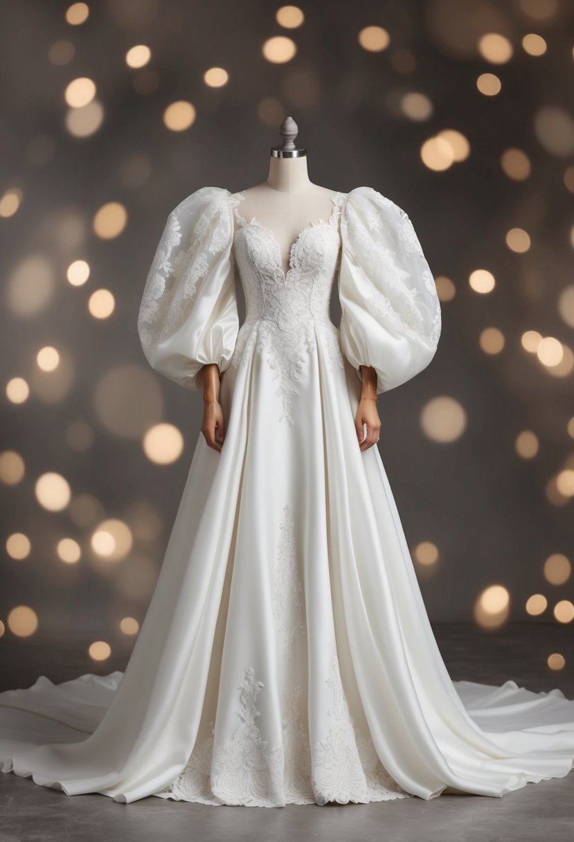 A flowing, floor-length wedding dress with exaggerated puff sleeves, adorned with intricate lace and delicate embroidery, creating a romantic and ethereal silhouette