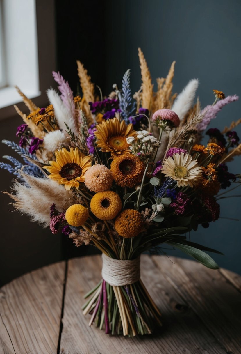 A colorful mix of dried flowers arranged in a bohemian style bouquet, evoking a 70s wedding vibe with a whimsical and free-spirited aesthetic