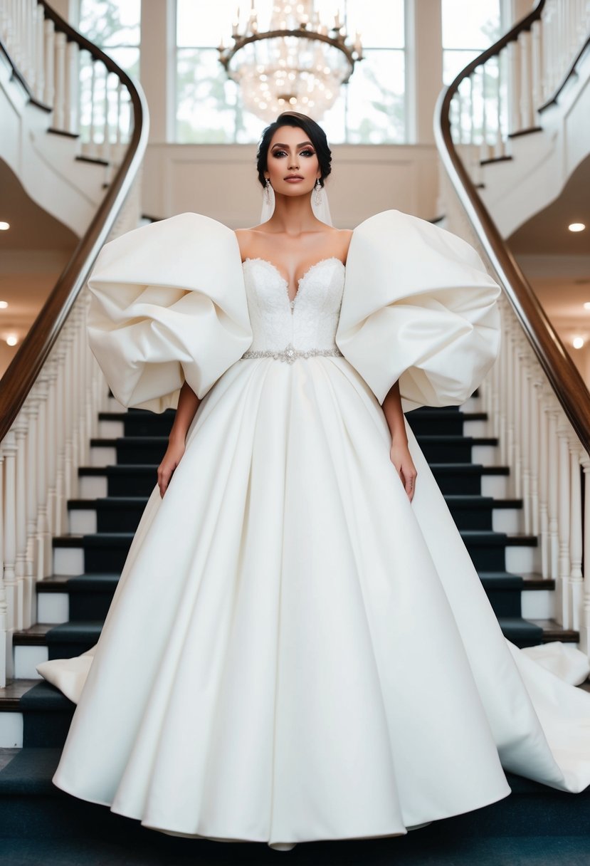 A bride stands on a grand staircase, wearing a voluminous wedding dress with dramatic poofy sleeves that cascade down to the floor