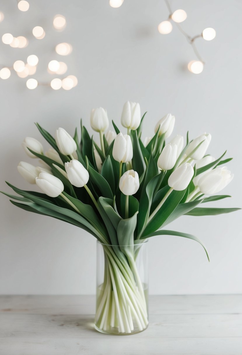 A simple bouquet of white tulips and greenery arranged in a minimalist 70s style