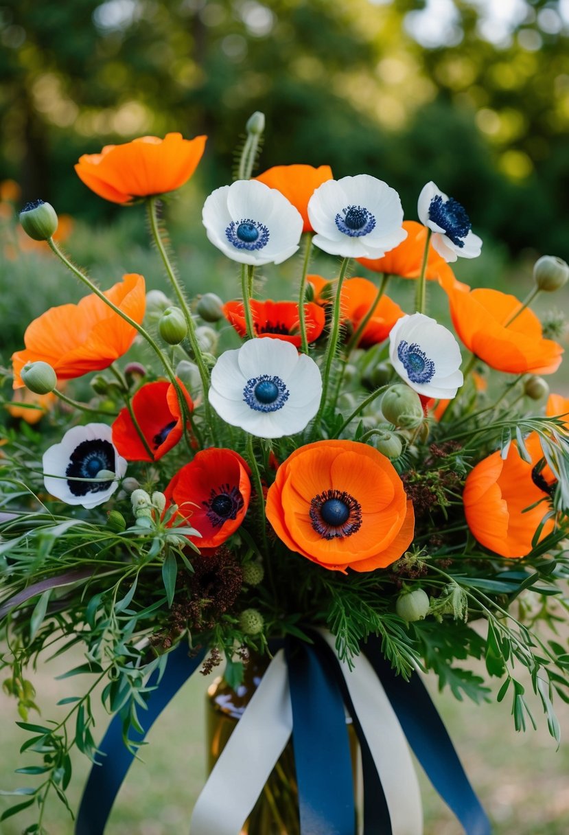 A vibrant bouquet of bold anemones and poppies in a 70s-inspired arrangement, with wild greenery and flowing ribbons