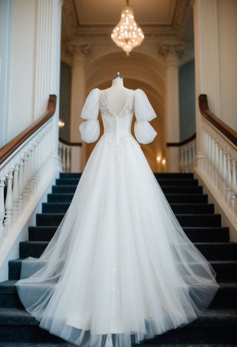 A classic tulle wedding dress with puffy sleeves, adorned with delicate lace and intricate beading, flowing gracefully down a grand staircase