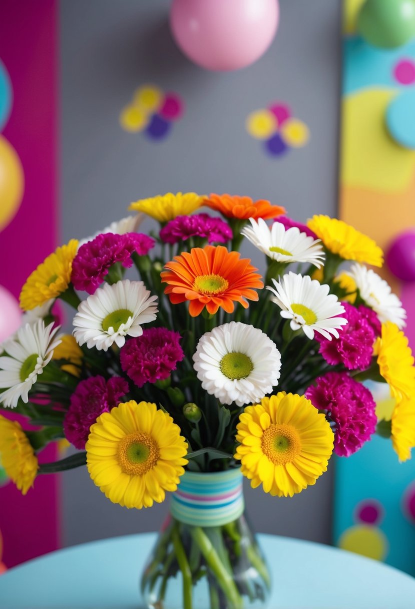 A colorful bouquet of daisies and carnations arranged in a retro 70s style, with bright, vibrant colors and a playful, whimsical feel