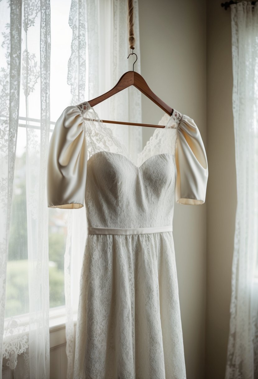 A lace wedding dress with sleek puffy sleeves hangs on a vintage wooden hanger, surrounded by soft natural light filtering through lace curtains