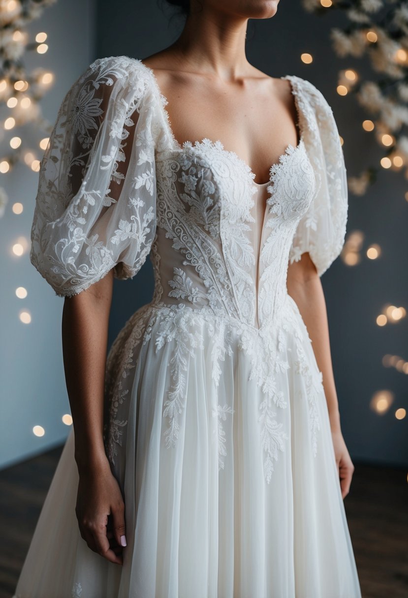 A bodice with puff sleeves adorned with delicate lace and intricate embroidery, cascading down into a flowing skirt, creating a romantic and ethereal wedding dress design