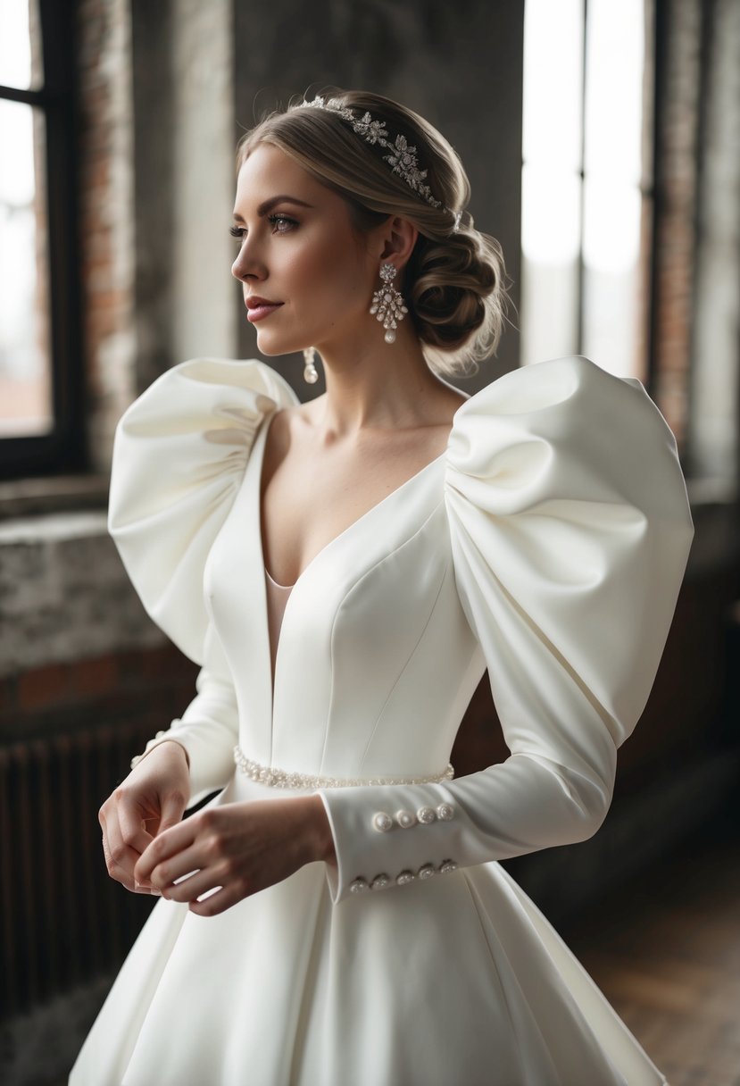 A wedding dress with statement puffy sleeves adorned with intricate button details