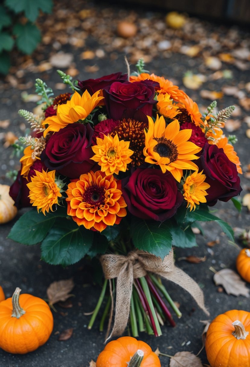 A rustic bouquet of deep red roses, orange dahlias, and golden sunflowers, tied with a burlap ribbon. Fallen leaves and small pumpkins scattered around