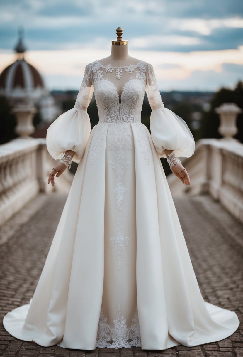 An elegant wedding dress with long, puffy sleeves flowing down to the ground, adorned with delicate lace and intricate embroidery